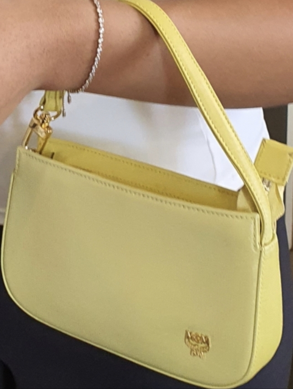 MCM Mini Pochette Lemon Yellow Leather Wristlet Pouch/ Zip Clutch Purse Handbag